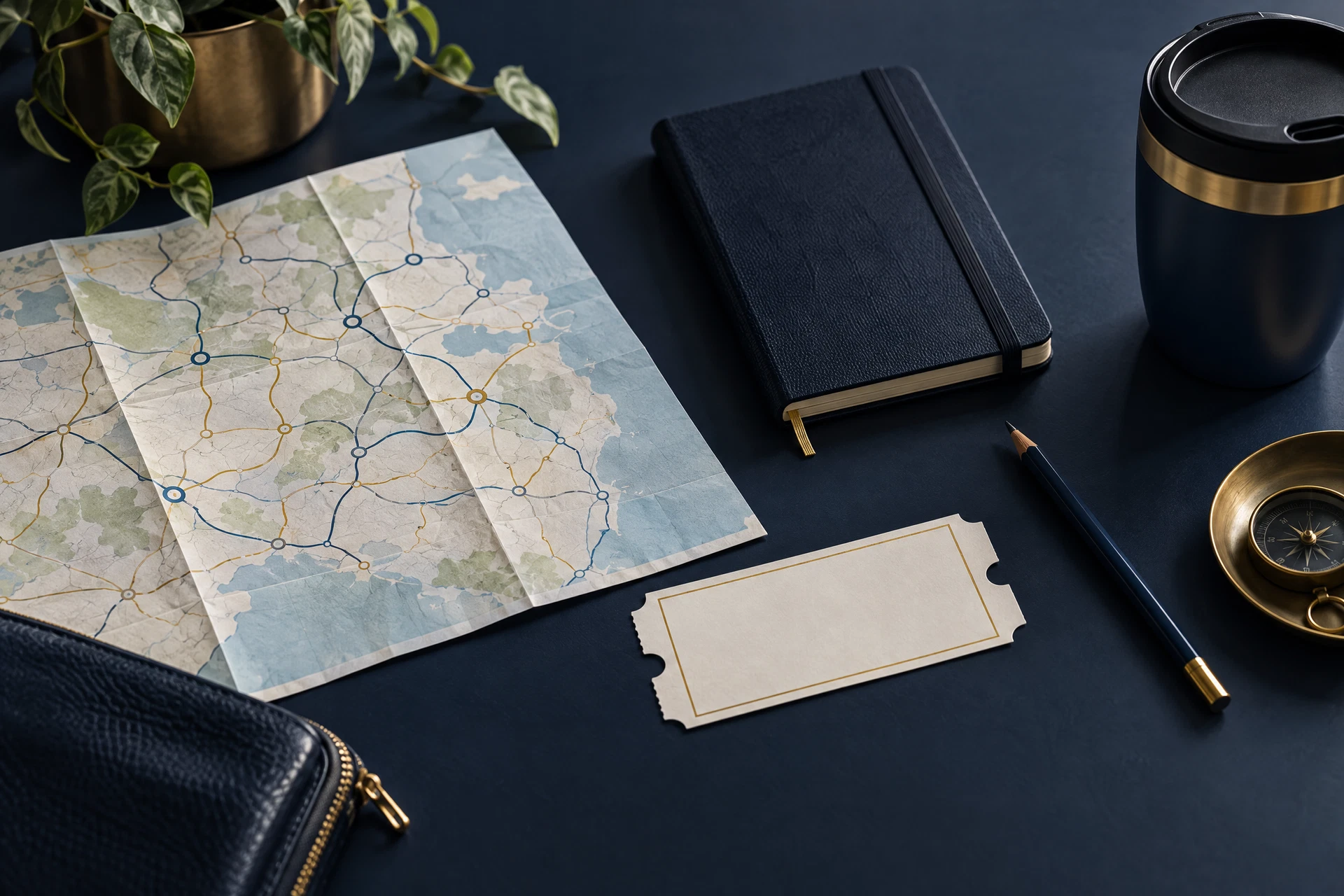 Travel notebook, blank ticket card and route-planning items on a navy surface